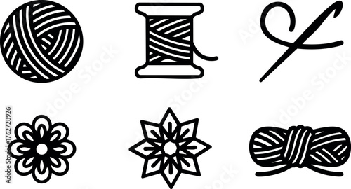 Black and white knitting and crochet icons with yarn balls and floral patterns vector set