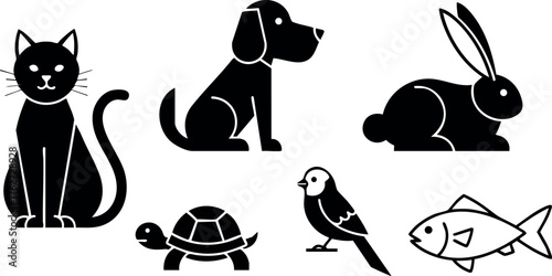 Silhouette set of common pets cat dog rabbit turtle bird fish vector illustration