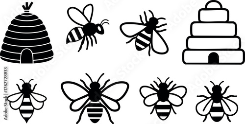 Bee hive and black silhouette bees vector set with various flying and resting bee illustrations