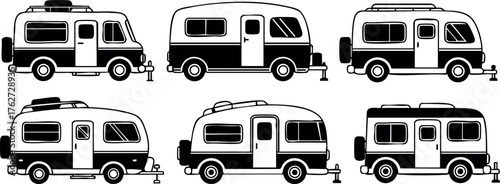 Camper trailers vector set with different shapes and sizes for travel and outdoor adventure designs