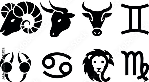 Zodiac astrology symbols representing twelve star signs in black vector design for horoscope and celestial themes