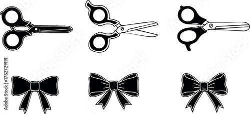 Black silhouette scissors and bows set with various open and closed positions vector illustration