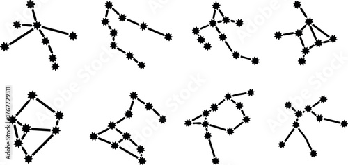 Zodiac constellation symbols vector set with star patterns and connecting lines for astrology design and cosmic themes