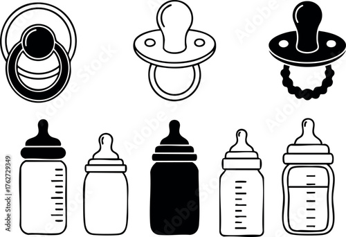 Baby pacifiers and feeding bottles set simple black and white vector icons for infant care and feeding essentials