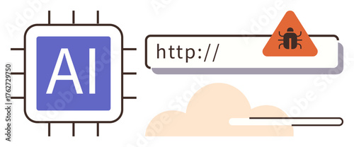 AI chip connected with malware alert on a URL bar, addressing cybersecurity risk, AI misuse, and internet safety concerns. Ideal for technology, security, AI ethics, safety, IT network simple flat