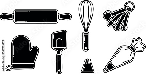 Baking utensils set with whisk rolling pin oven mitt measuring spoons and piping bag vector illustration
