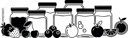 Fruit jars with strawberries blueberries apple and orange slices vector illustration in black and white minimal style