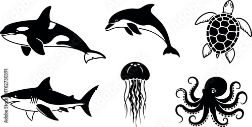 Marine animals vector collection with dolphin, orca, shark, turtle, jellyfish, and octopus silhouettes for design and education purposes