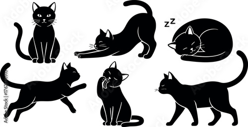 Black cats in various poses vector illustration with sitting, stretching, sleeping, walking, and grooming actions