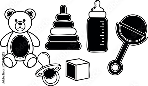 Baby toys collection including teddy bear pacifier rattle bottle cube stacker set for infant playtime and development vector illustration