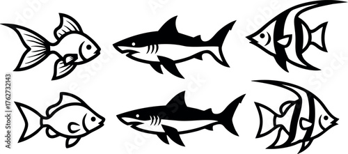 Fish silhouette collection with different species in black and white vector style design for aquatic themes and marine life projects