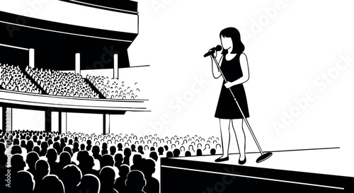 Female singer performing on stage in front of large audience in concert hall vector illustration