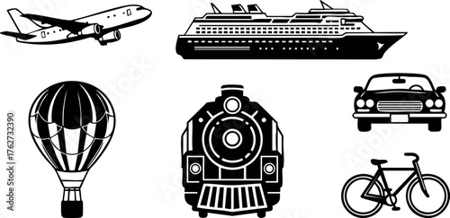 Various transportation modes including airplane, cruise ship, hot air balloon, steam train, car, and bicycle vector icons in black and white design