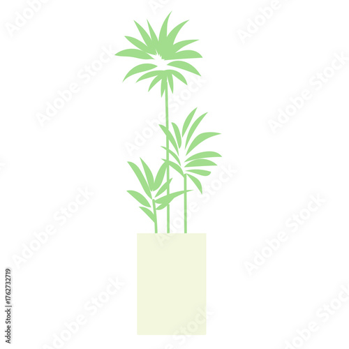 柔らかな緑色で描いた観葉植物の鉢植えイラスト｜室内を彩るインテリアグリーンをシンプルなベクタースタイルで表現したデザイン素材