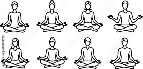 Group of diverse people practicing meditation in lotus position simple line art vector illustration