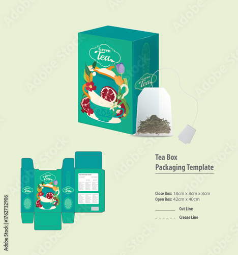 Professional tea box packaging template design for retail display and branding with customizable elements and color options