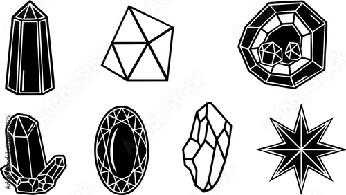 Black and white crystals and geometric gemstones vector icons set for design and decoration