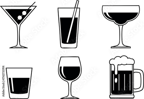 Six classic cocktail and drink glass icons with simple black and white design vector illustration