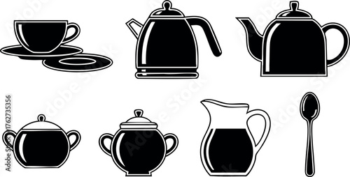 Black silhouette vector set of tea and coffee utensils including cups kettles sugar bowls pitcher and spoon