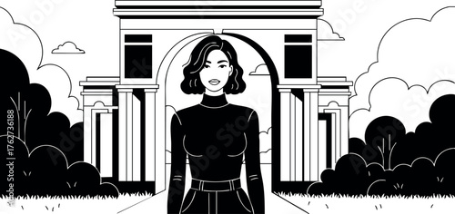 Woman standing confidently in front of classical arch architectural structure with trees and clouds background black and white vector illustration
