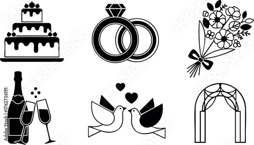 Wedding symbols vector set with cake rings bouquet doves champagne and arch for marriage celebration design