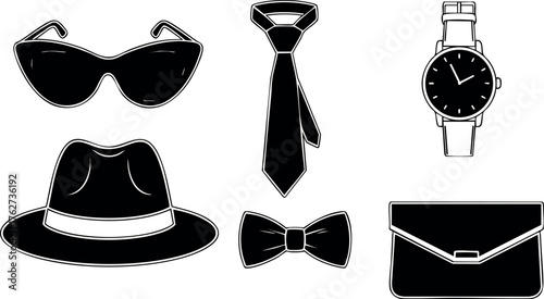 Classic men accessories set with sunglasses hat tie watch bow tie and briefcase vector design for stylish fashion outfits