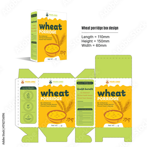 Modern wheat porridge breakfast cereal packaging design featuring wholesome grains and vibrant colors for a healthy lifestyle