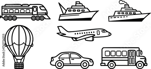 Various types of transportation including train, boat, airplane, hot air balloon, car, and bus in simple black line style vector illustration