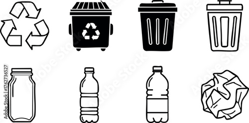 Recycling and waste management icons including bins, bottles, and crumpled paper for environmental awareness vector design