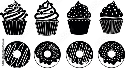 Cupcakes and donuts silhouette vector set for bakery and dessert design icons and sweet food elements collection