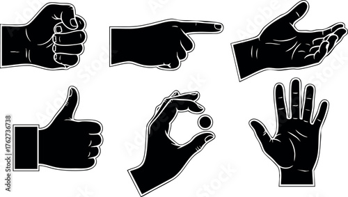 Hand gesture icons set with various signs including fist thumb point open palm okay sign and five fingers illustration vector