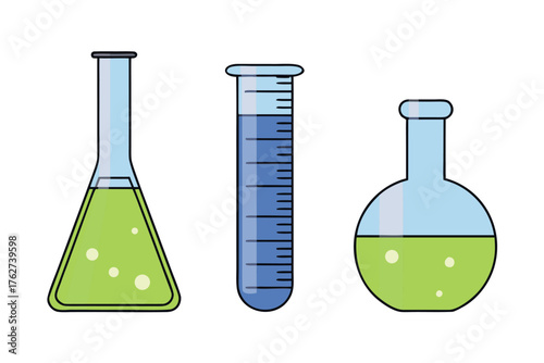 Scientific equipment: blue chemical liquid in glass test tubes and flask for chemistry research and experiment in a laboratory