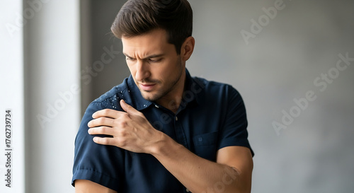 young man concerned about dandruff flakes on his shirt