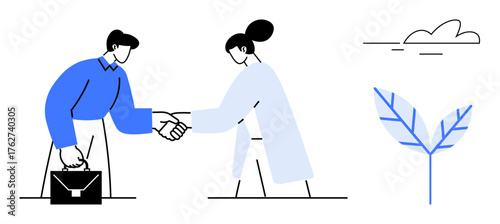 Two professionals shaking hands, symbolizing partnership, career growth, and networking. Briefcase, cloud, and leaf represent business, progress and sustainability. Ideal for team building