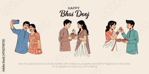 Happy Bhai Dooj horizontal banner showing three scenes: siblings taking a selfie, exchanging gifts, and sharing sweets. A fusion of modern and traditional celebration.