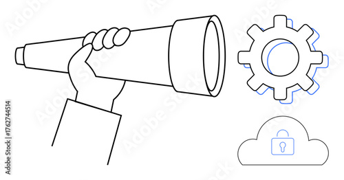 Hand with telescope scanning, gear symbolizing innovation, and a secured cloud showing cybersecurity. Ideal for strategy, exploration, technology, solutions, innovation, digital security conceptual