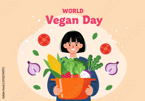 Illustration of happy world vegan day celebration with a person holding a basket full of fresh vegetables and fruits, promoting healthy eating and plantbased lifestyle