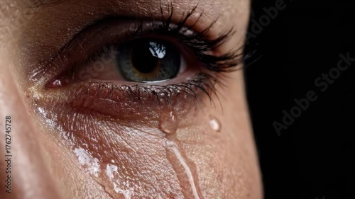 A poignant and highly detailed extreme close-up captures a human eye with tears visibly streaming down the face, set against a deep, dark background. The intricate texture of the wet skin around the e