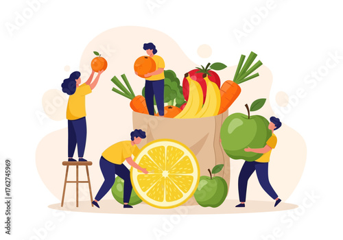 Illustration of people packing a grocery bag full of fresh fruits and vegetables, healthy eating concept