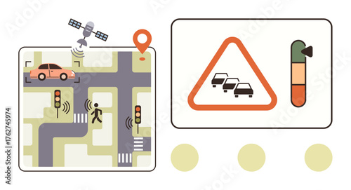 Traffic light-equipped intersection with pedestrian and vehicle sensors, monitored by satellite. Includes traffic congestion warning and load indicator. Ideal for smart cities, technology, urban