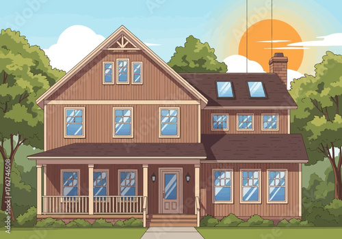 Illustration of a charming twostory wooden house with a porch and dormer windows, set against a backdrop of lush green trees and a bright sun