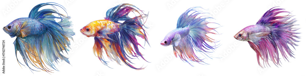 Fototapeta premium Captivating Siamese Fighting Fish Collection: Vibrant, Elegant, and Graceful Aquarium Fish Showcase for Art, Design, and Pet Enthusiasts – A Colorful Aquatic Symphony