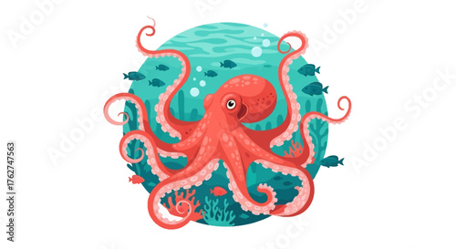 Invite curiosity with this vibrant octopus illustration, perfect for children's books, ocean-themed designs, or educational materials about marine life