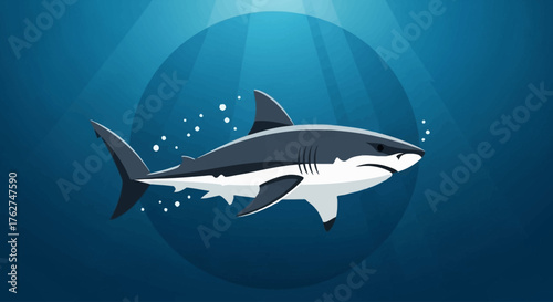 Powerful shark swimming gracefully underwater in vibrant blue ocean depths, a captivating illustration of marine wildlife in a dynamic habitat