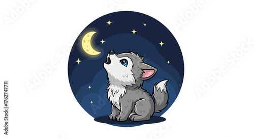 Adorable cartoon wolf cub howling at the moon under starry night sky makes a charming fairytale illustration for kids books or bedtime stories