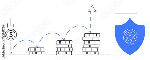 Stacked coins in upward trend, dollar coin motion, shield with fingerprint marking security. Ideal for finance, investment, savings, growth, protection cybersecurity fintech. Simple flat metaphor