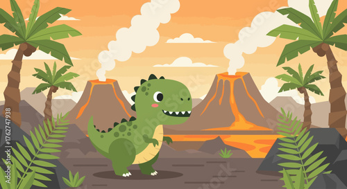 Adorable dinosaur explores a prehistoric landscape with erupting volcanoes and swaying palms, perfect for children's books and educational materials