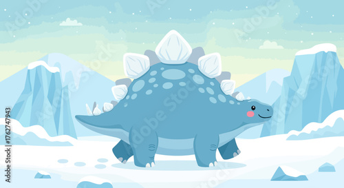 Adorable Stegosaurus Cartoon Character Wandering Through a Snowy Winter Wonderland, Ideal for Children's Books and Educational Materials