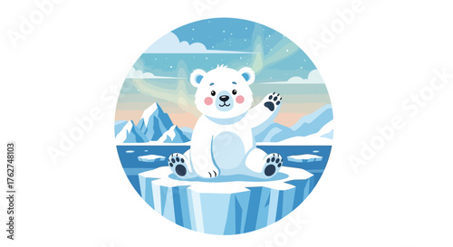 Adorable polar bear waving hello from an iceberg in the arctic, perfect for children's books, educational content, and environmental awareness campaigns