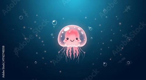 Adorable pink jellyfish swims playfully in the deep blue sea surrounded by bubbles and sparkles for children's books and educational materials